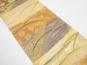 プラチナ二重織　重ね色紙に流水・花唐草・芝草模様織り出し　袋帯